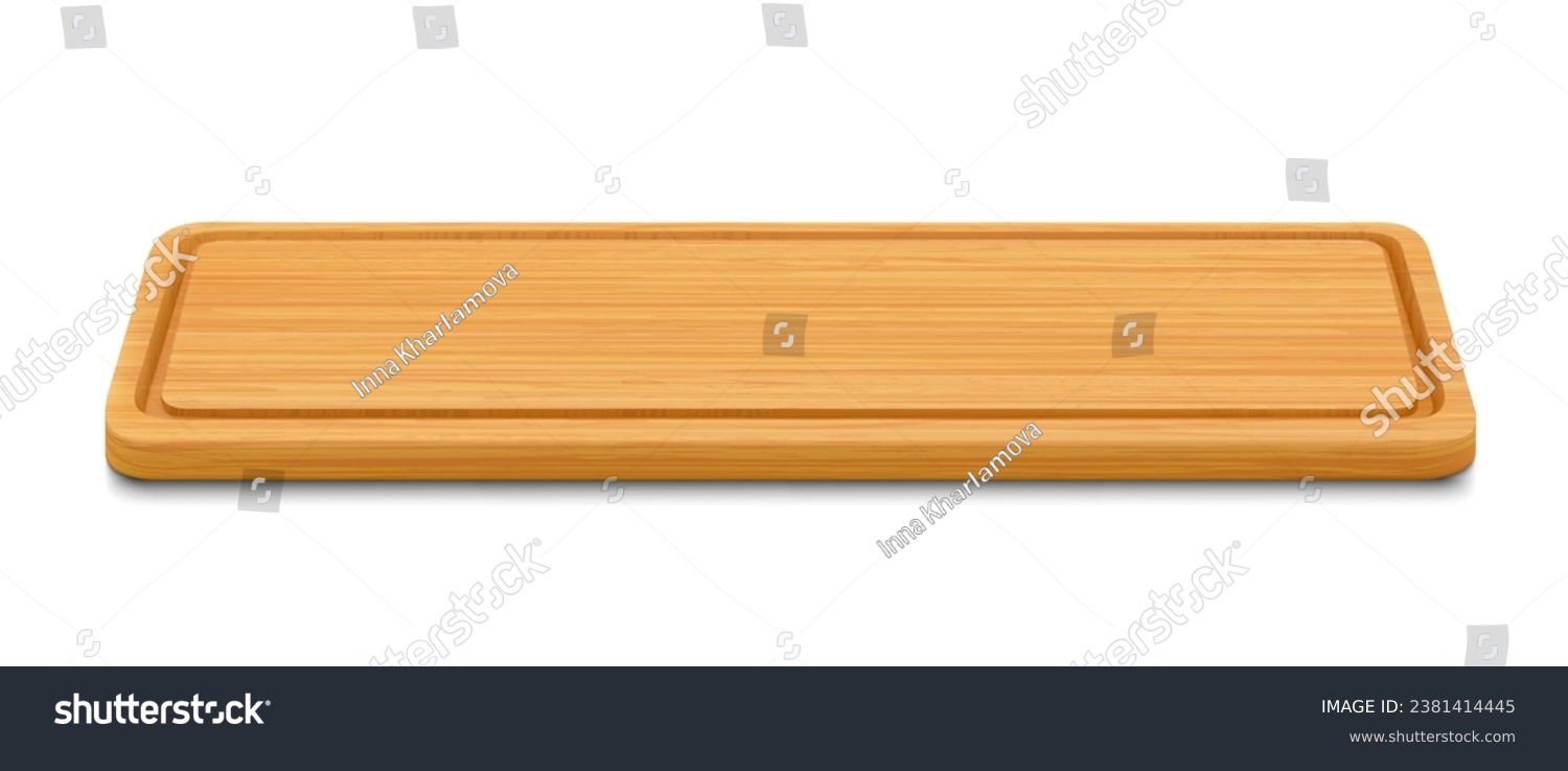 SVG of New rectangular wooden cutting board, side view, isolated on white background. Trays or plate of rectangular shapes, natural, eco-friendly kitchen utensils, realistic 3d vector illustration. svg