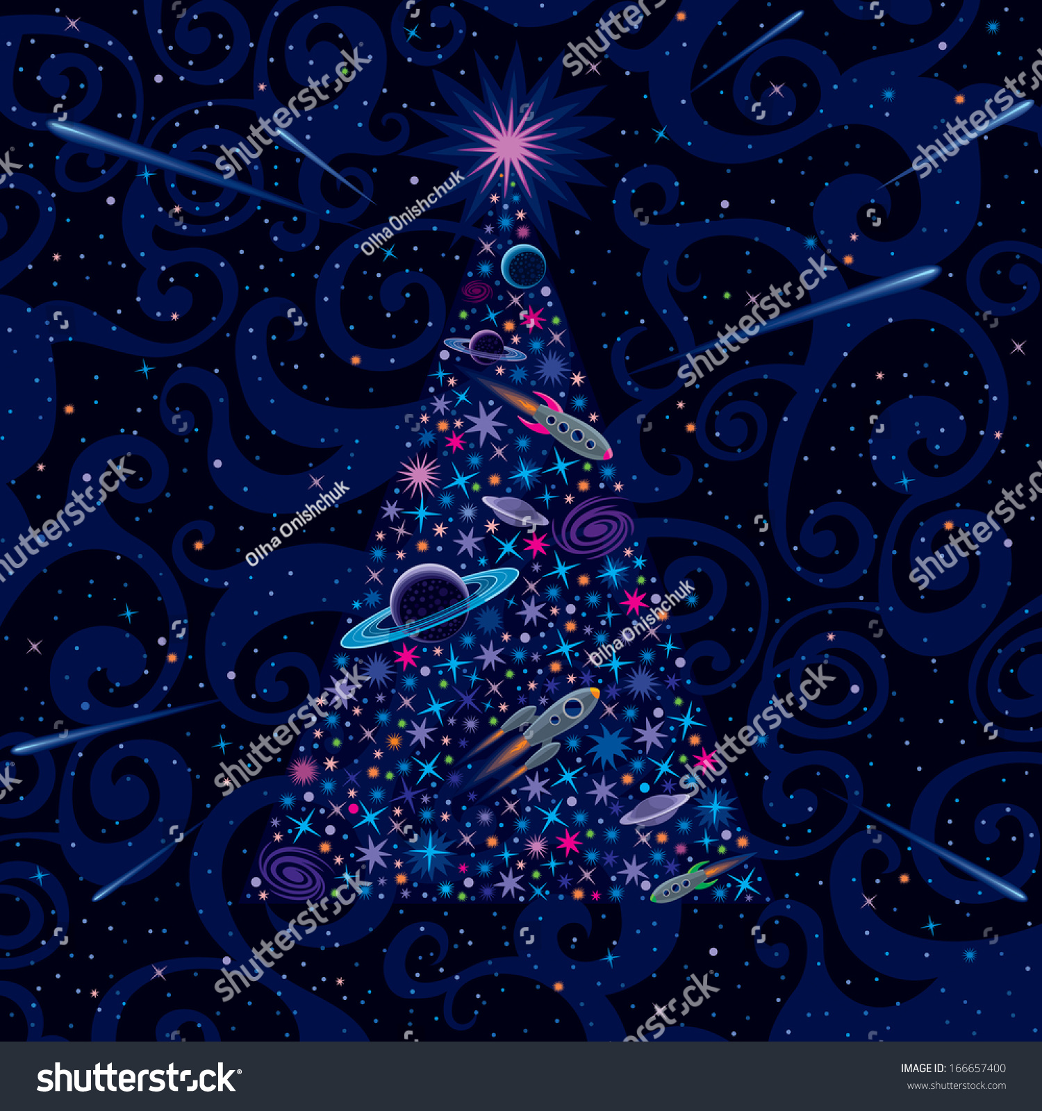 New Year And Christmas Tree Cosmic Background