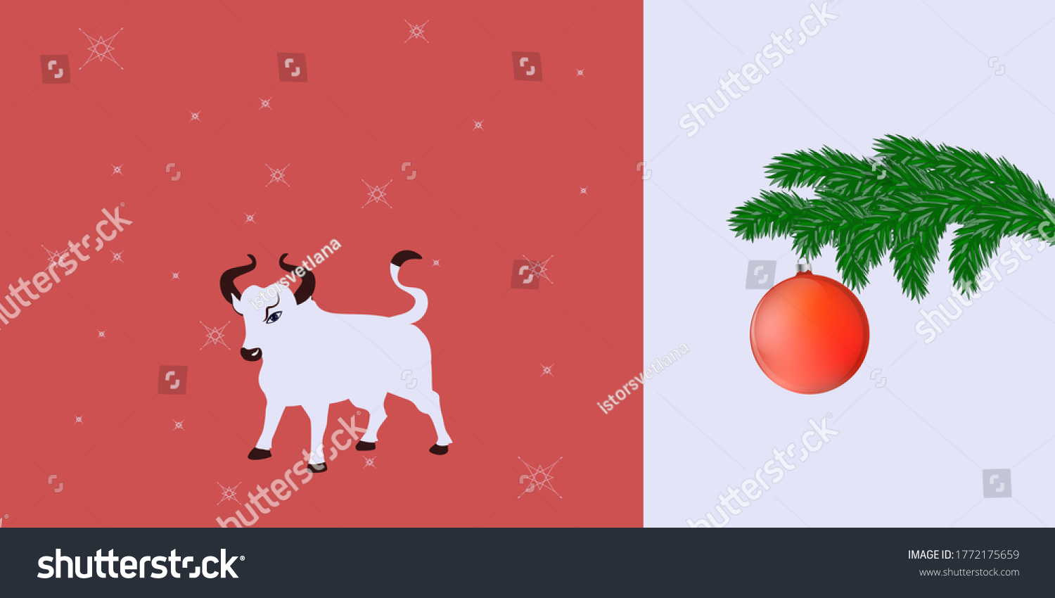 SVG of New Year banner - goby, spruce branch, Christmas ball - red and white background - vector. svg