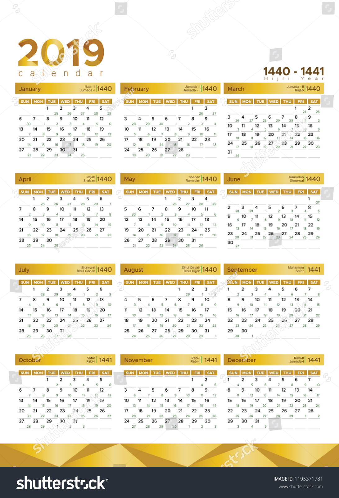 New Year Calendar 2019 Hijri Date Stock Vector Royalty Free 1195371781