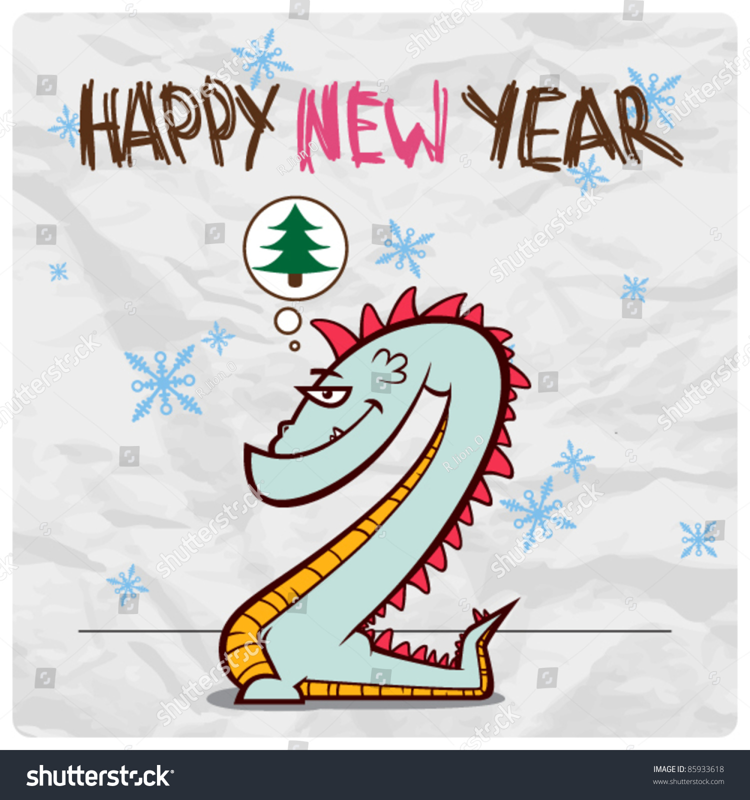 New Year Greeting Card With Cartoon Dragon On A Paper-Background ...