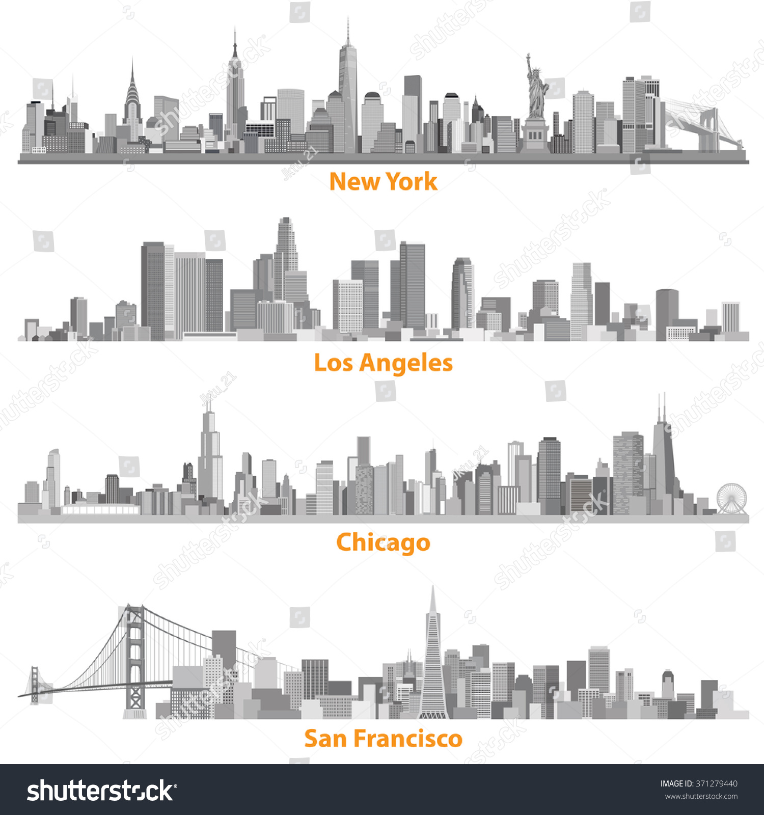 SVG of New York, Chicago, Los Angeles and San Francisco illustrations in black and white color palette vector set svg