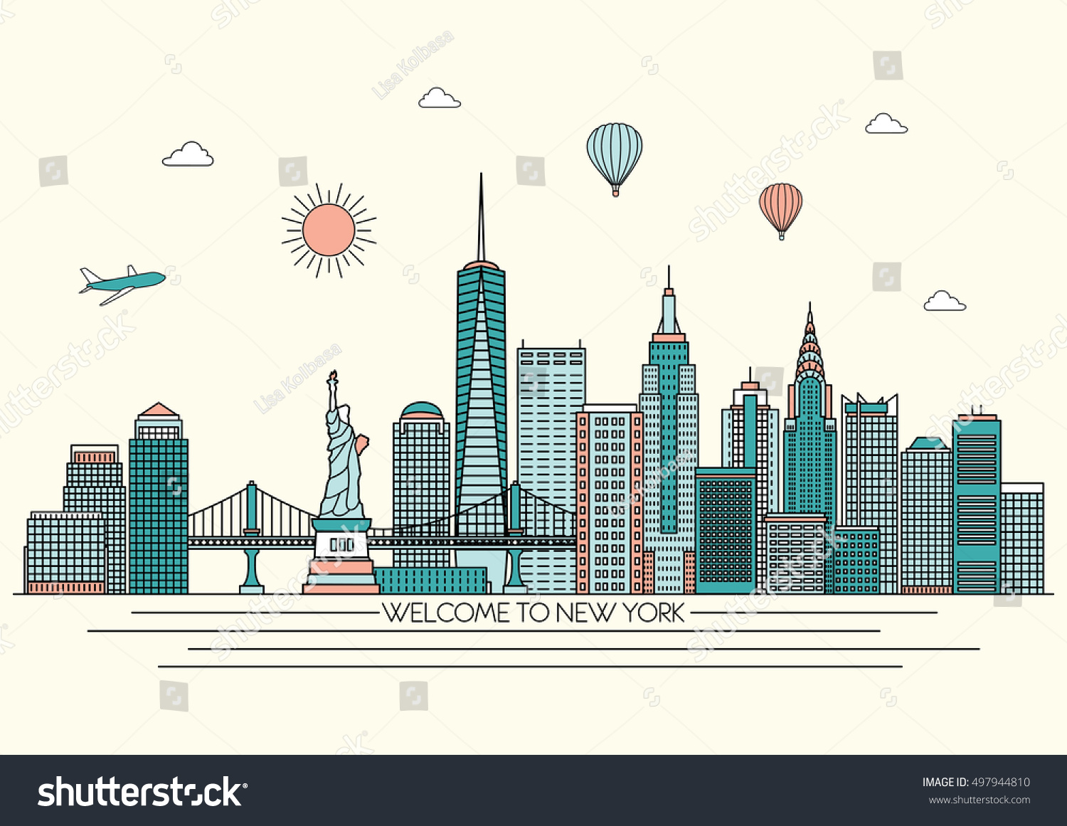 SVG of New York detailed Skyline. Travel and tourism background. Vector background. line illustration. Line art style svg