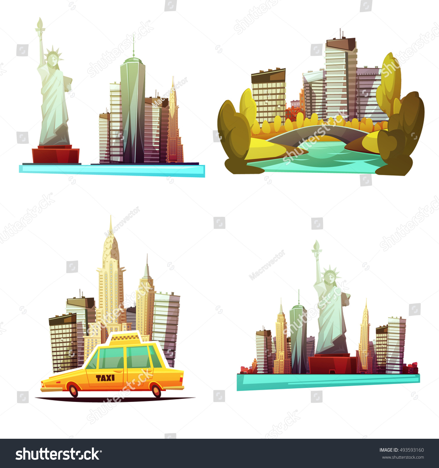 SVG of New york downtown 2x2 cartoon compositions with skylines statue of liberty yellow cab central park elements flat vector illustration    svg