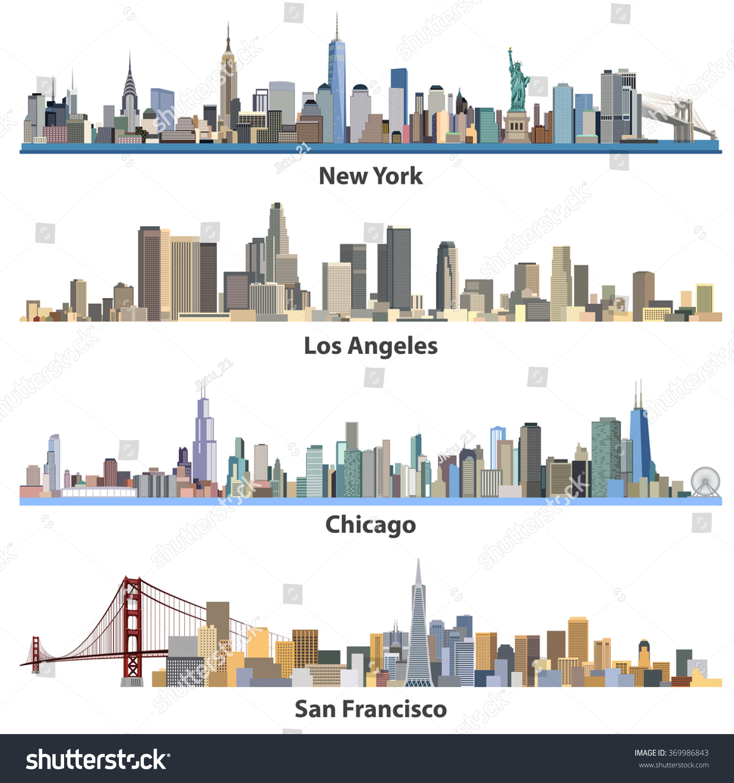 SVG of New York, Los Angeles, Chicago, San Francisco cities skylines. Collection of United States cityscapes vector illustrations svg