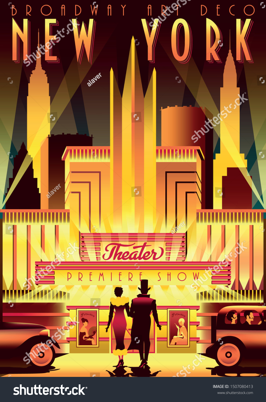 SVG of New York Night Broadway in the style of the 30s of the 20th century. Handmade drawing vector illustration. Art deco retro poster style. svg