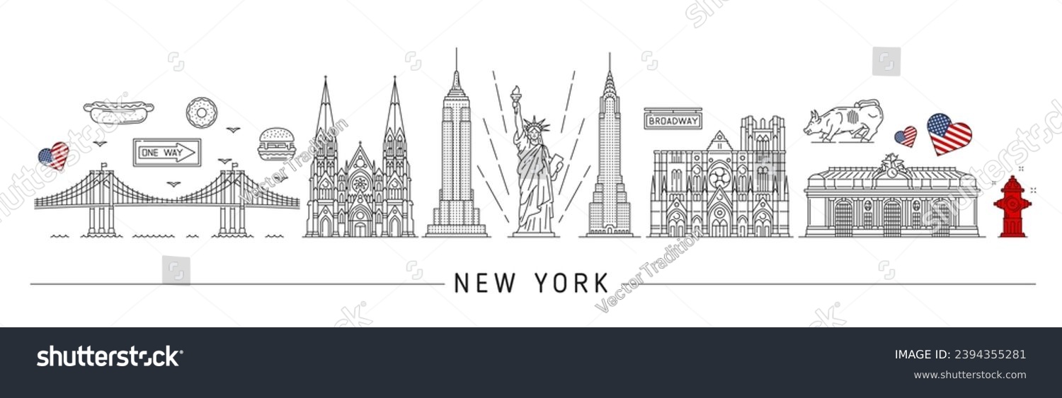 SVG of New York silhouette. USA travel landmarks of vector thin line Statue of Liberty, Brooklyn bridge, hot dog and hamburger. Chrysler and Empire State building outline skyscrapers, grand central terminal svg