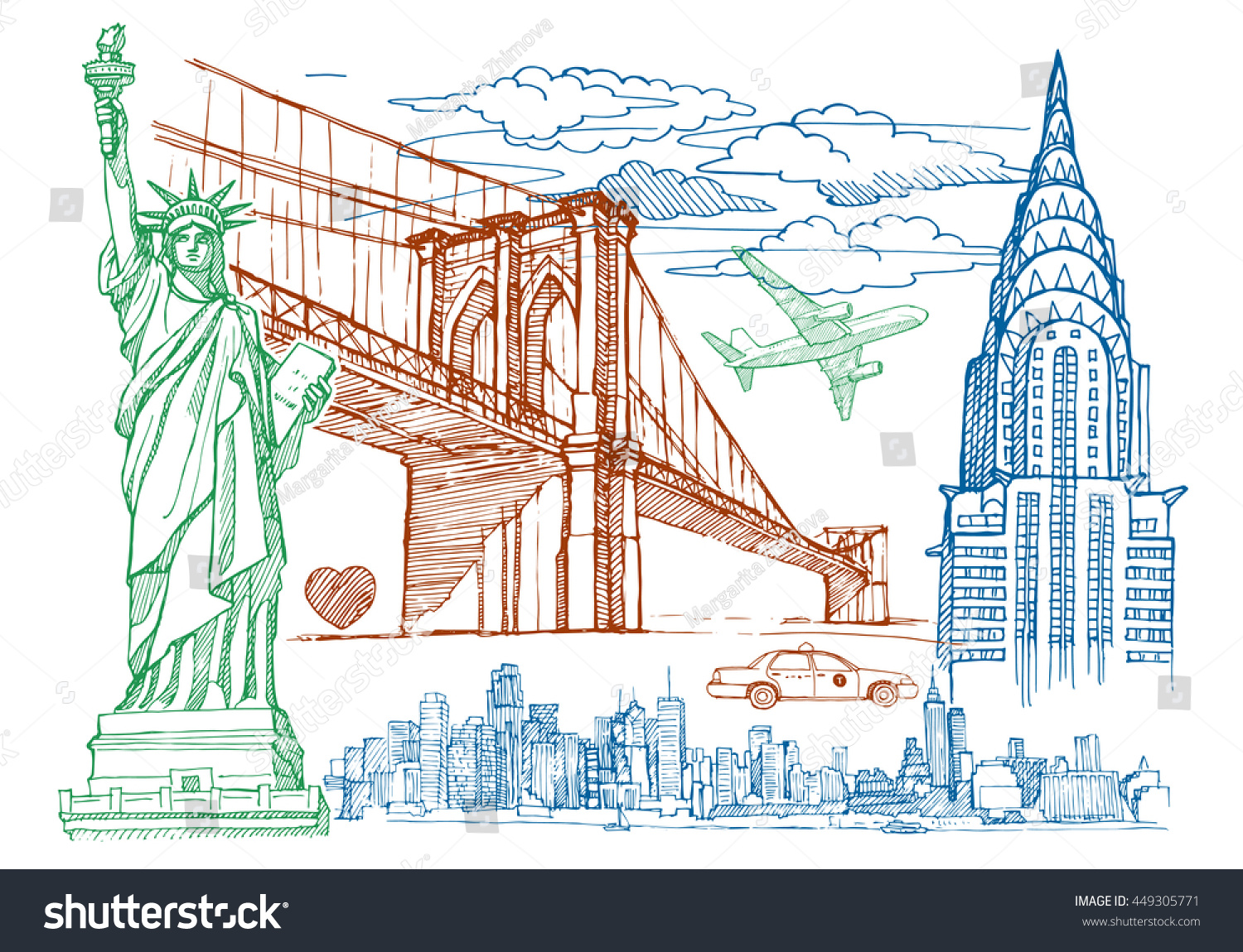 SVG of New York sketch vector set. The statue of Liberty, city skyline, skyscrapers, sky, clouds, Chrysler Building, Brooklyn bridge,  yellow tax.  svg