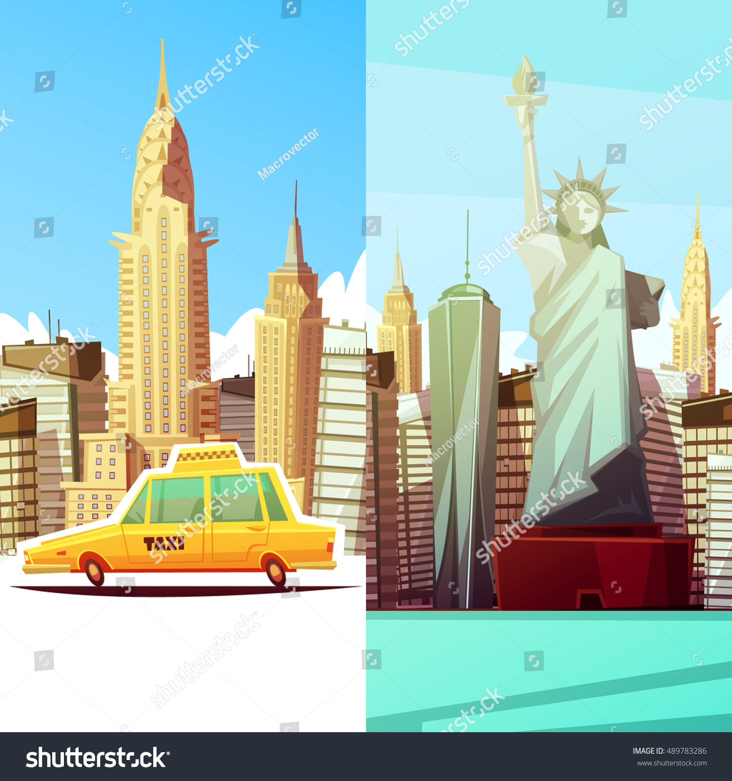 SVG of New york two vertical banners in cartoon style with manhattan landmarks skylines yellow taxi car flat vector illustration  svg