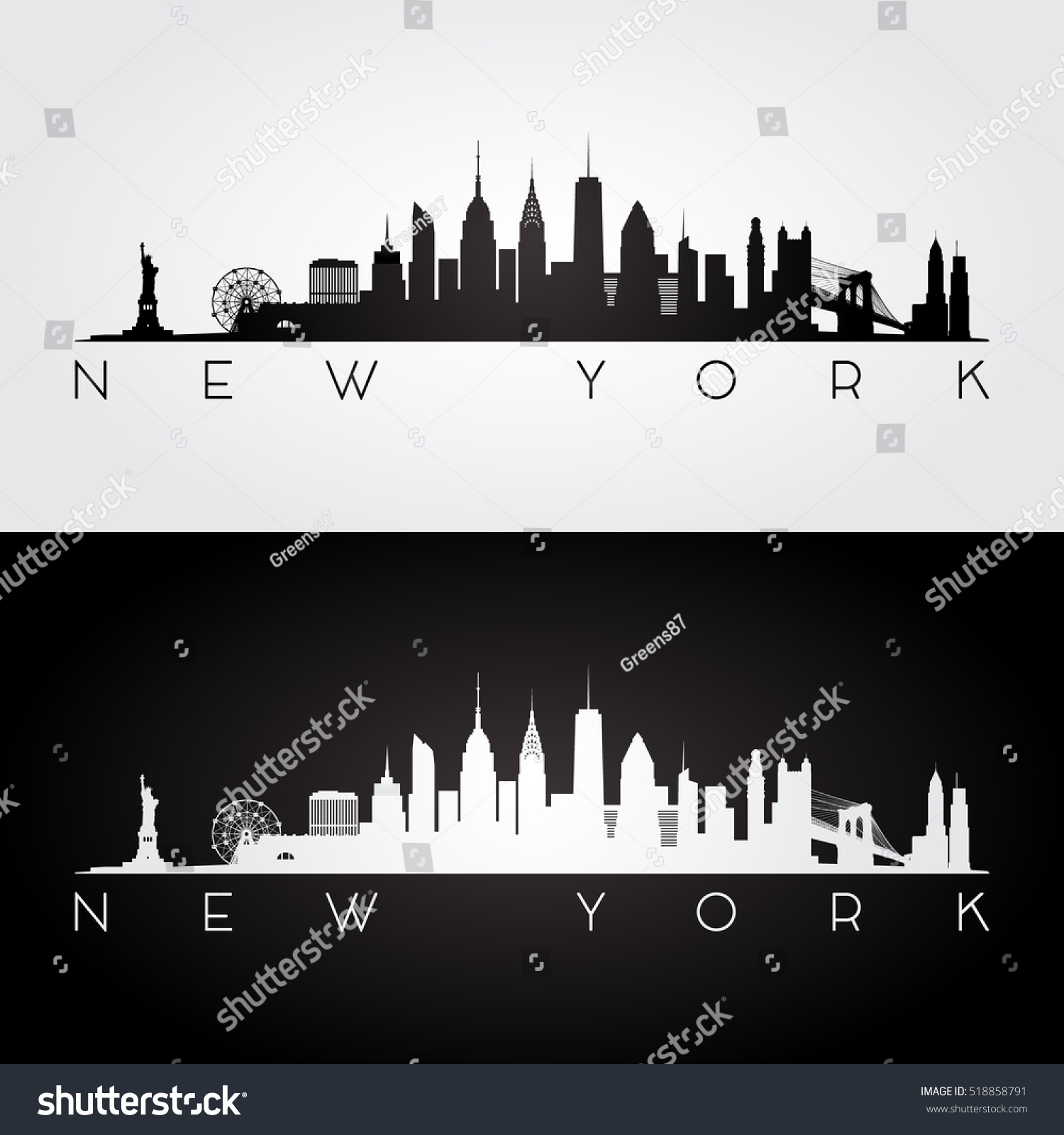 SVG of New York USA skyline and landmarks silhouette, black and white design, vector illustration. svg
