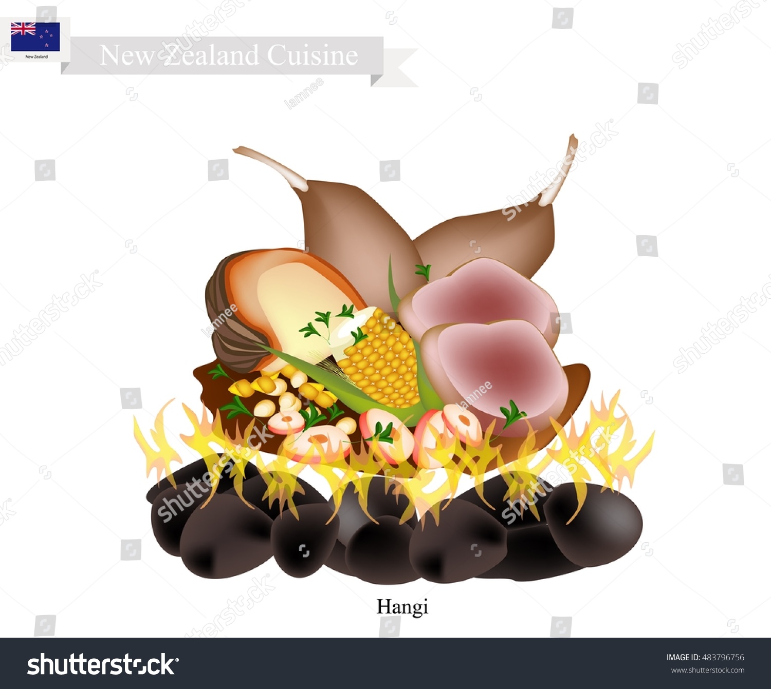 New Zealand Cuisine Illustration Hangi Traditional Stock Vector (Royalty Free) 483796756