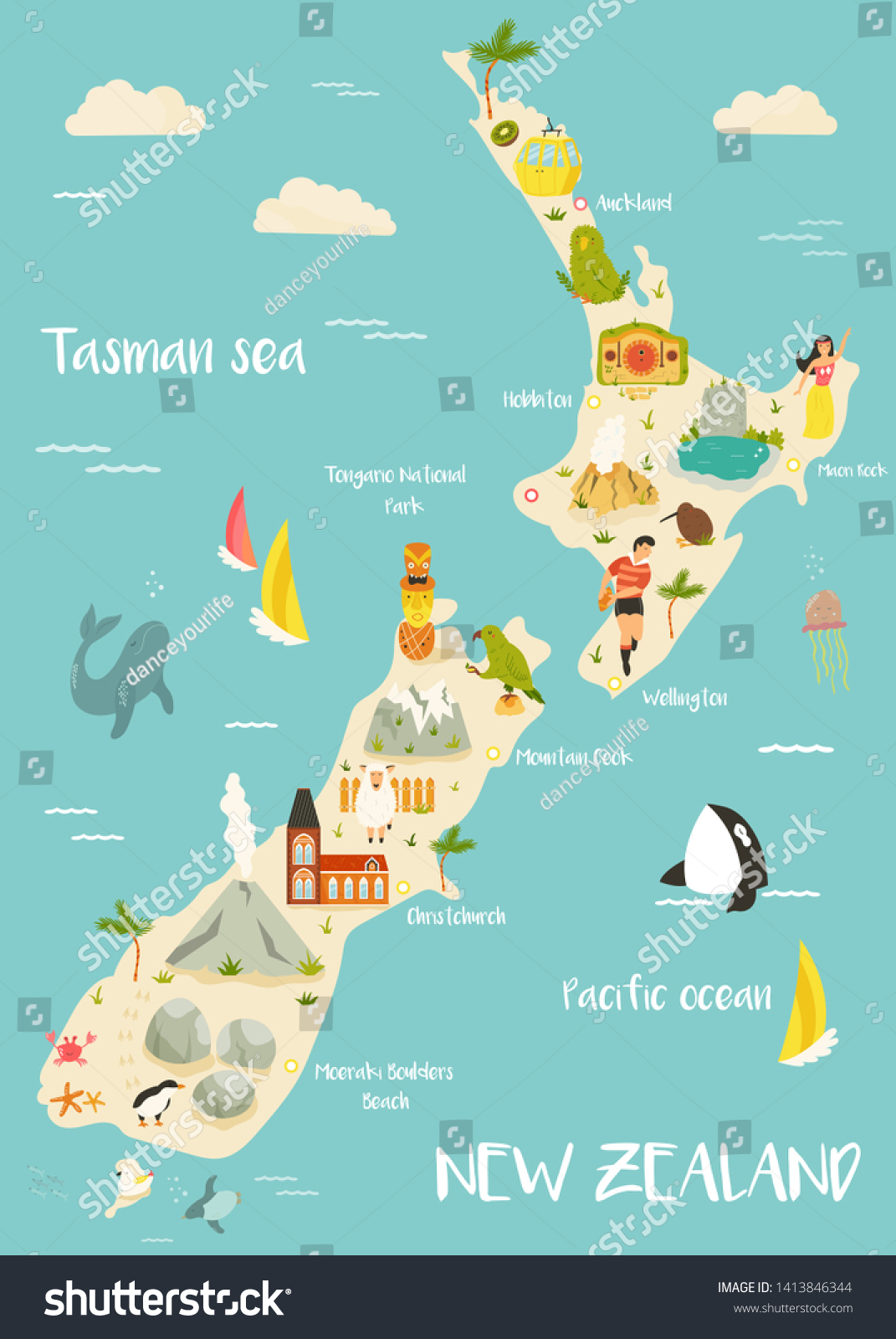 ニュージーランドのイラスト地図 で 有名な目印 動物 シンボルが描かれています プリント 観光ポスター 旅行ガイド お祭りなど のベクター画像素材 ロイヤリティフリー