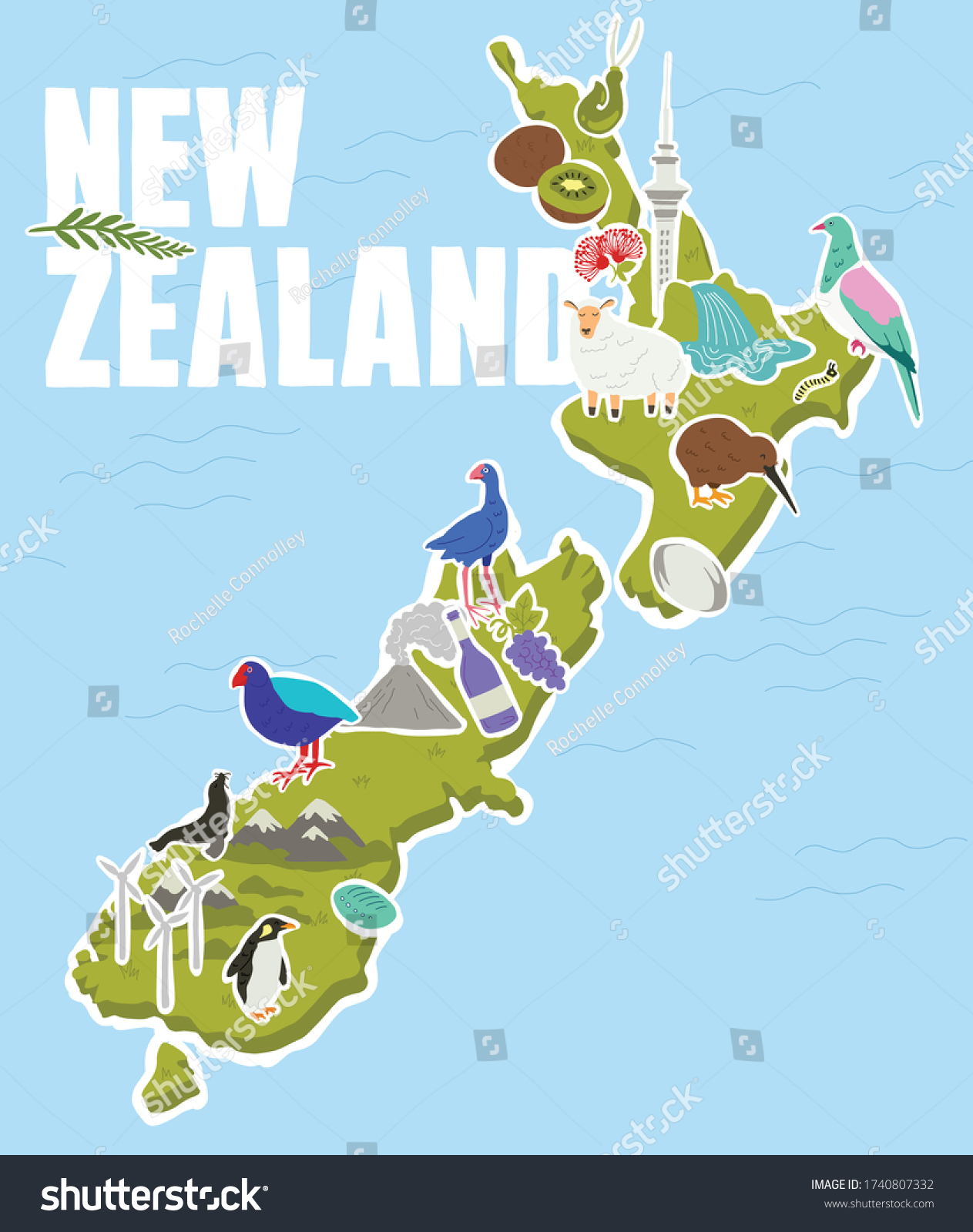 New Zealand Map Landmarks Icons Hand 库存矢量图（免版税）1740807332