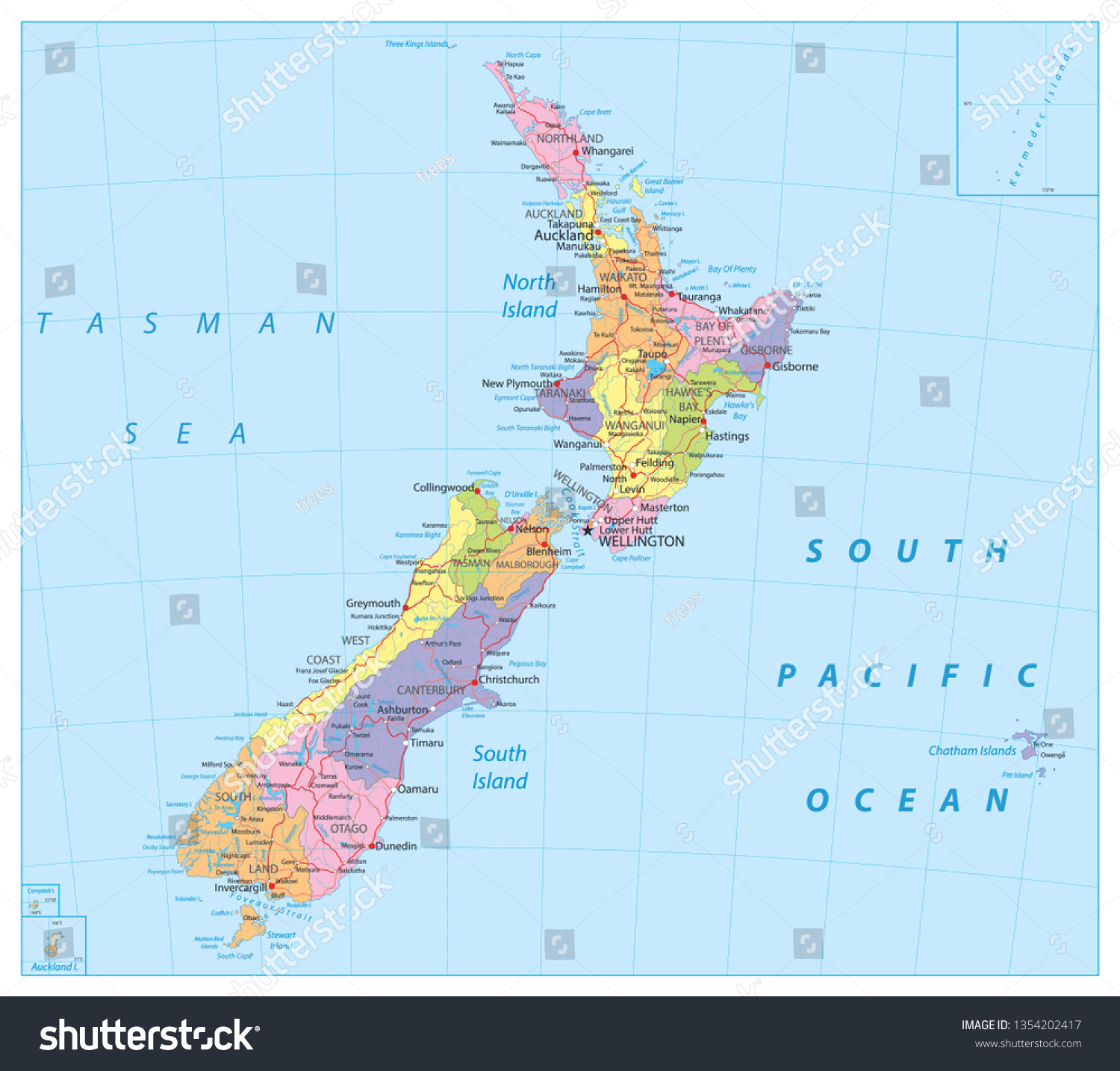 New Zealand Political Map Detailed Administrative 1354202417 Stock Vector New Zealand Political Map Detailed Administrative Map Of New Zealand Vector Illustration 1354202417