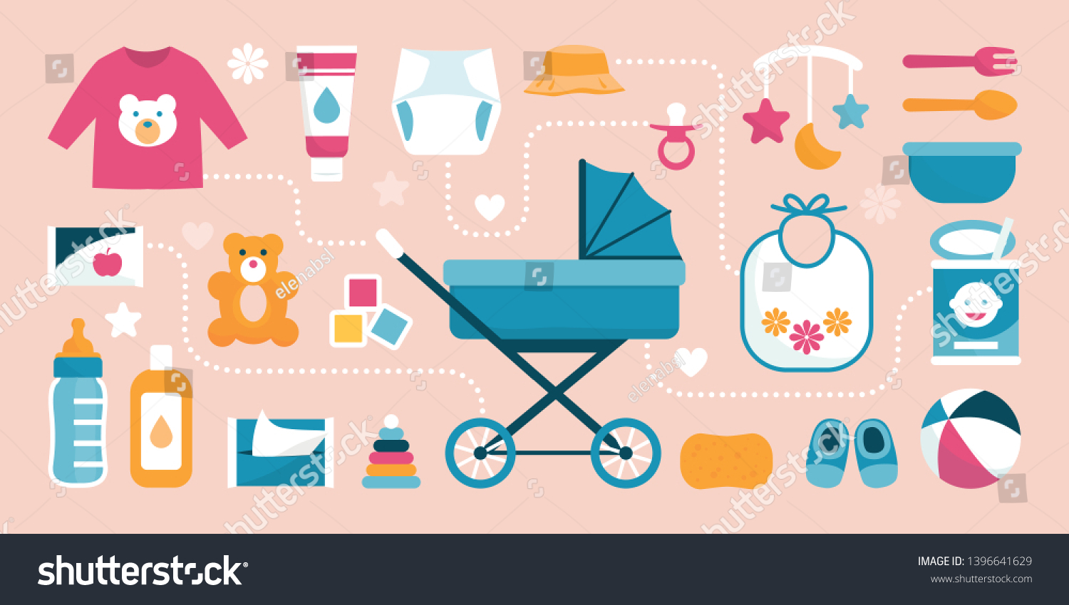 SVG of Newborn baby care accessories and items, baby carriage at center: maternity and childhood concept svg