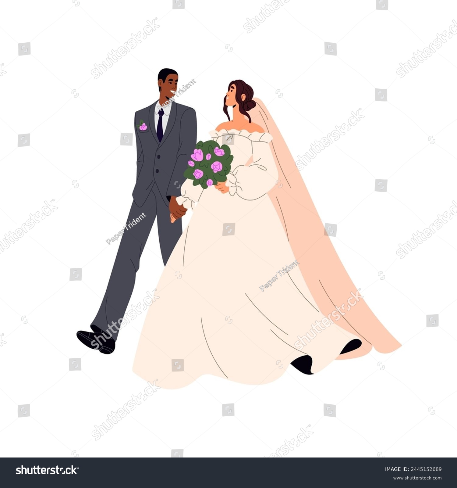 SVG of Newlywed family holds hands, goes. Cute interracial couple wedding. Marriage ceremony. Bride in bridal dress with veil carries bouquet. Bridegroom in suit. Flat isolated vector illustration on white svg