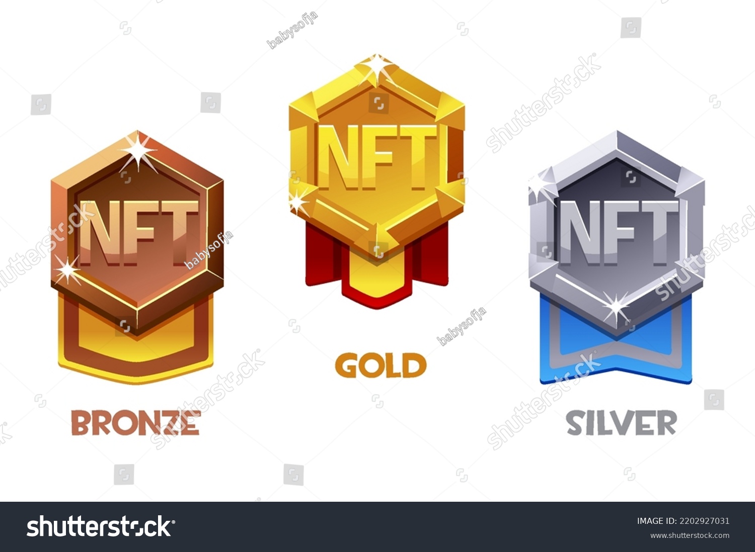 SVG of NFT award badge for game resources in different metals. Gold, silver and bronze award badge. Cryptocurrency, NFT-token Internet currency of the future svg