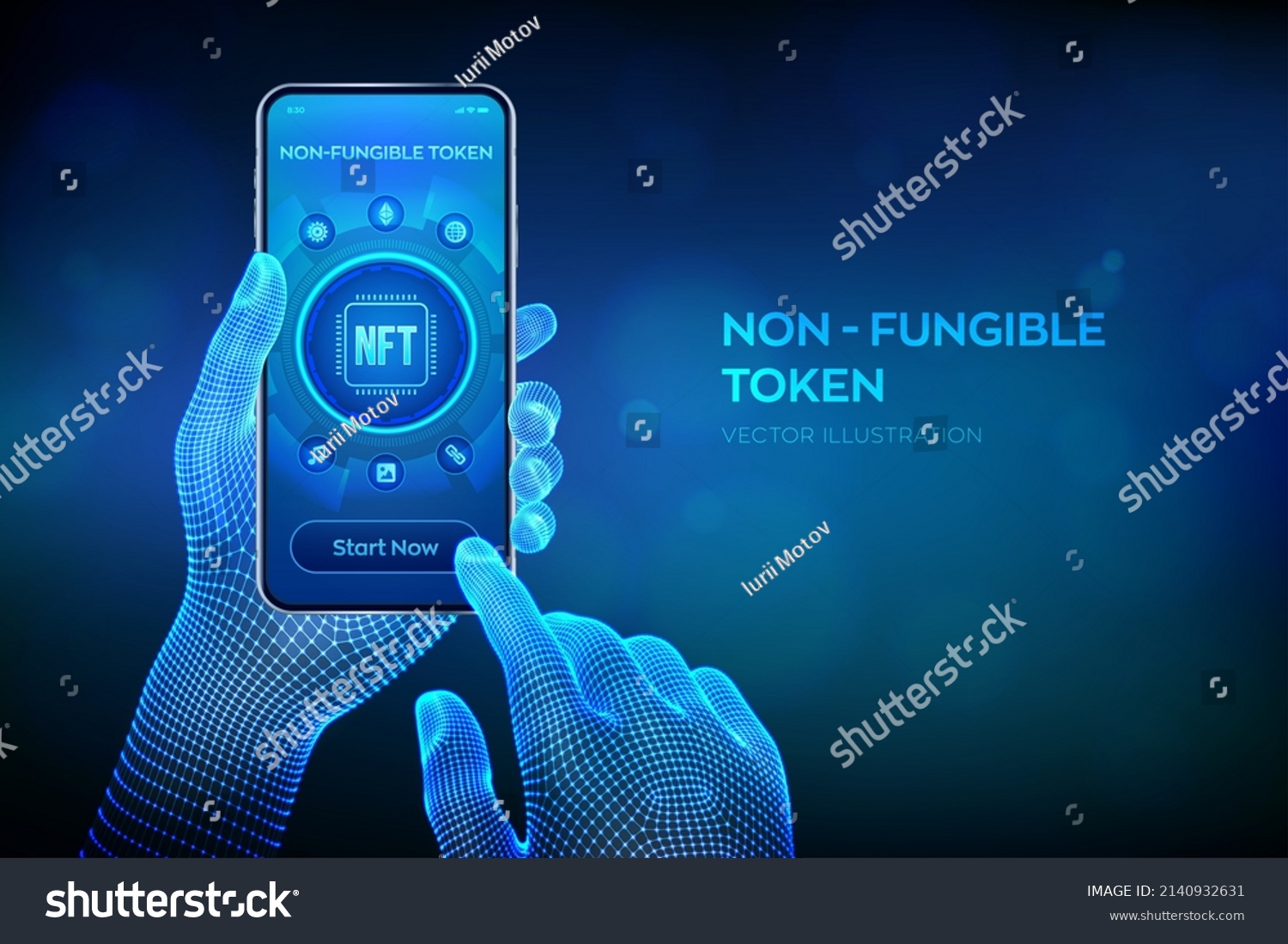 SVG of NFT. Non-fungible token digital crypto art blockchain technology concept. Investment in cryptographic. Closeup smartphone in wireframe hands. Vector illustration. svg