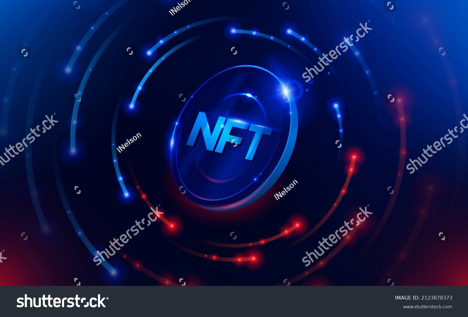 SVG of NFT nonfungible token illustration with red and blue glowing lights dark blue background. Vector cryptocurrency svg