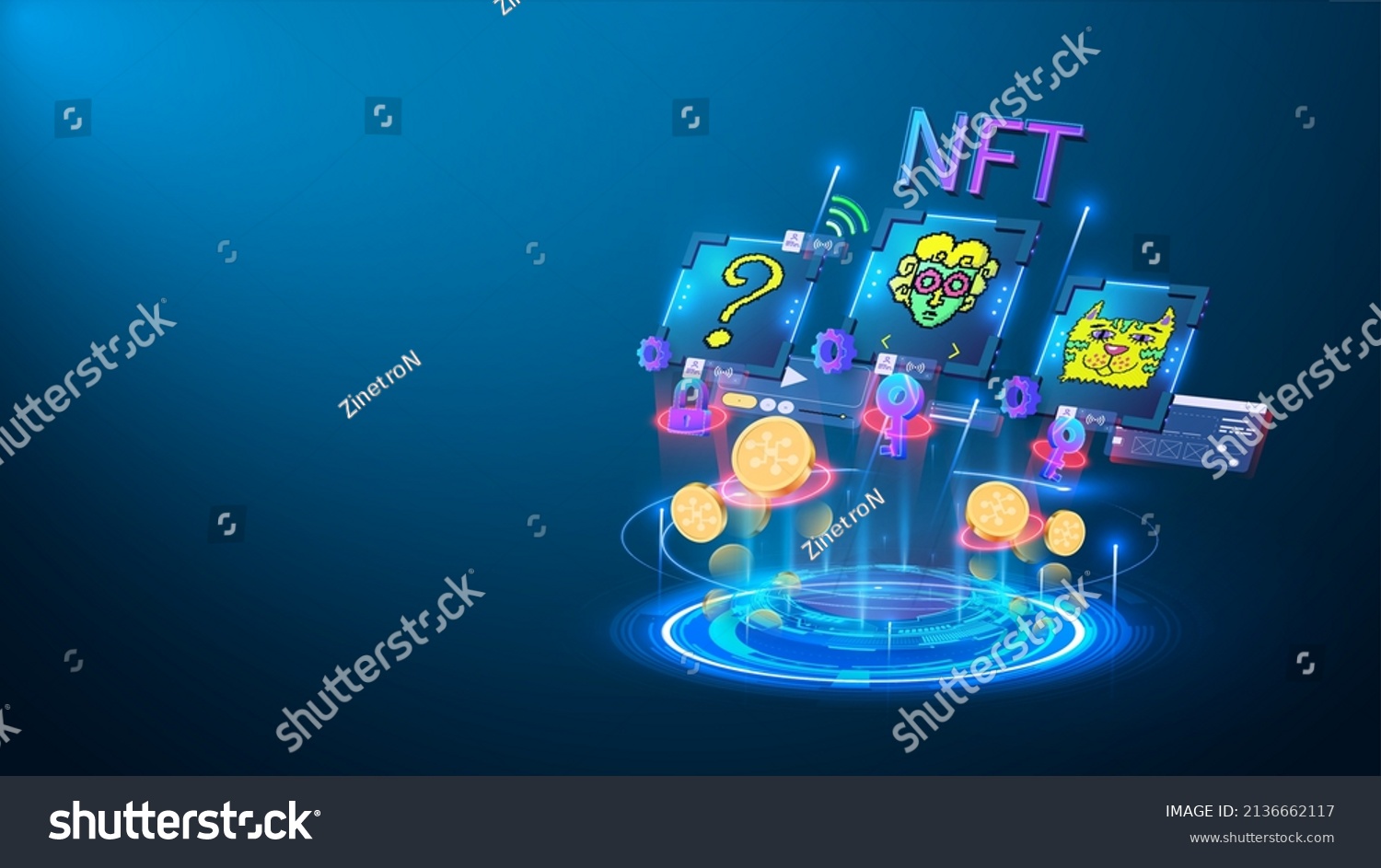 SVG of NFT token in artwork. Platform showing NET crypto art hologram. NFT token in blockchain technology in digital crypto art. Pixel art cryptopunks monkey, question and character set. Conceptual banner. svg