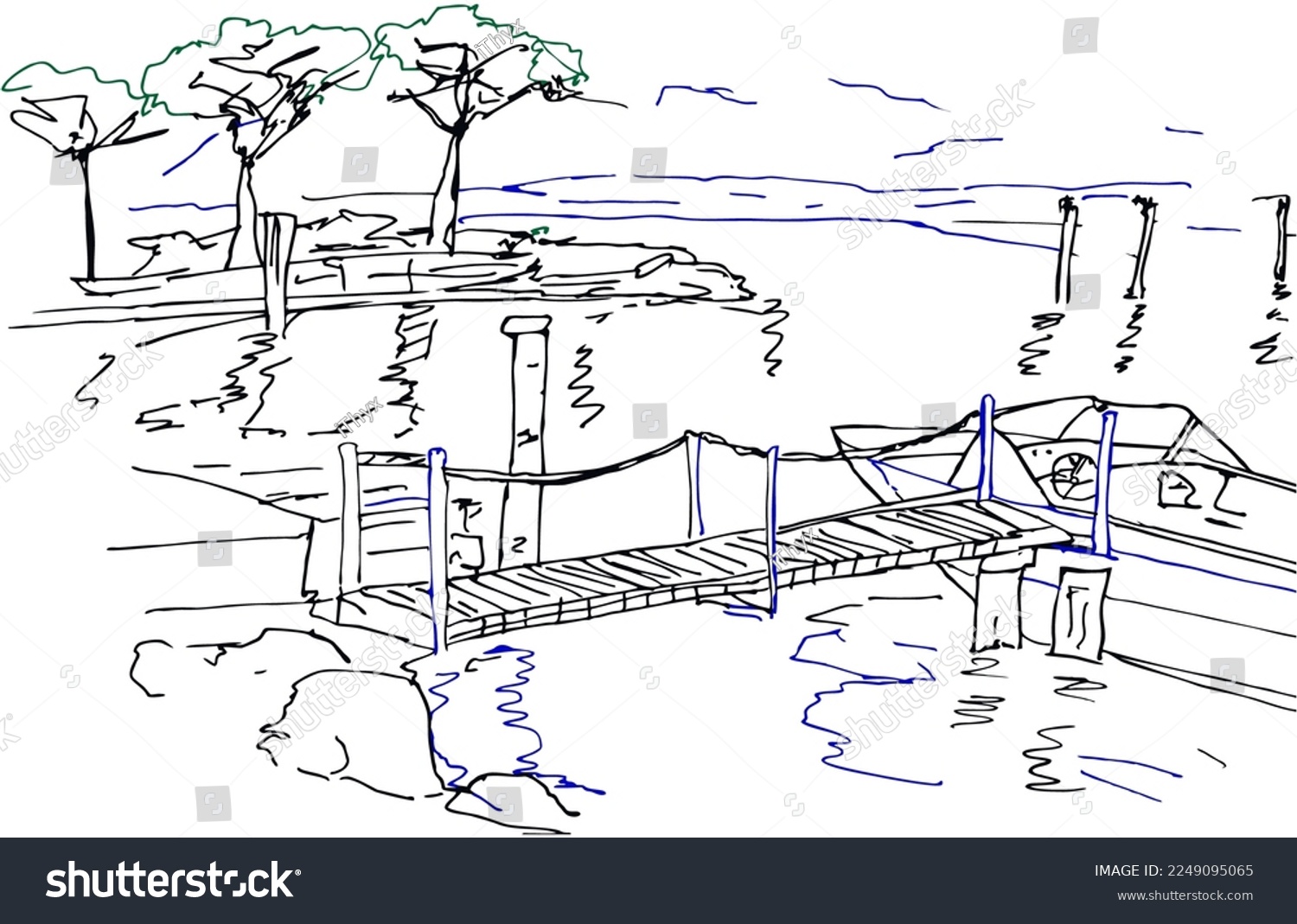 SVG of Nice view of Lake Garda and boat pier. Piazzale Monte Baldo is a square, resort town Sirmione in northern Italy. Drawing with colored lines. svg