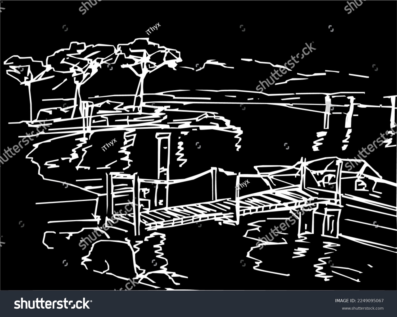 SVG of Nice view of Lake Garda and boat pier. Piazzale Monte Baldo is a square, resort town Sirmione in northern Italy. A simple black and white drawing like a night landscape.  svg