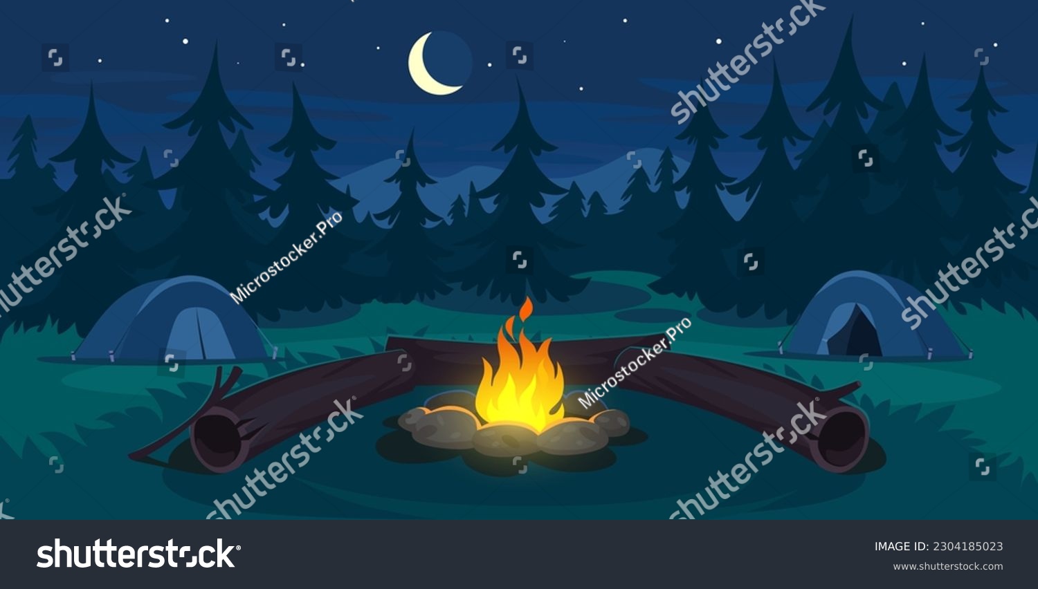 SVG of Night camp in a forest with tents, campfire and log near it. Landscape view on a campsite in the mountains. Summer outdoor vacation. Camping background for game design. Cartoon vector illustration. svg