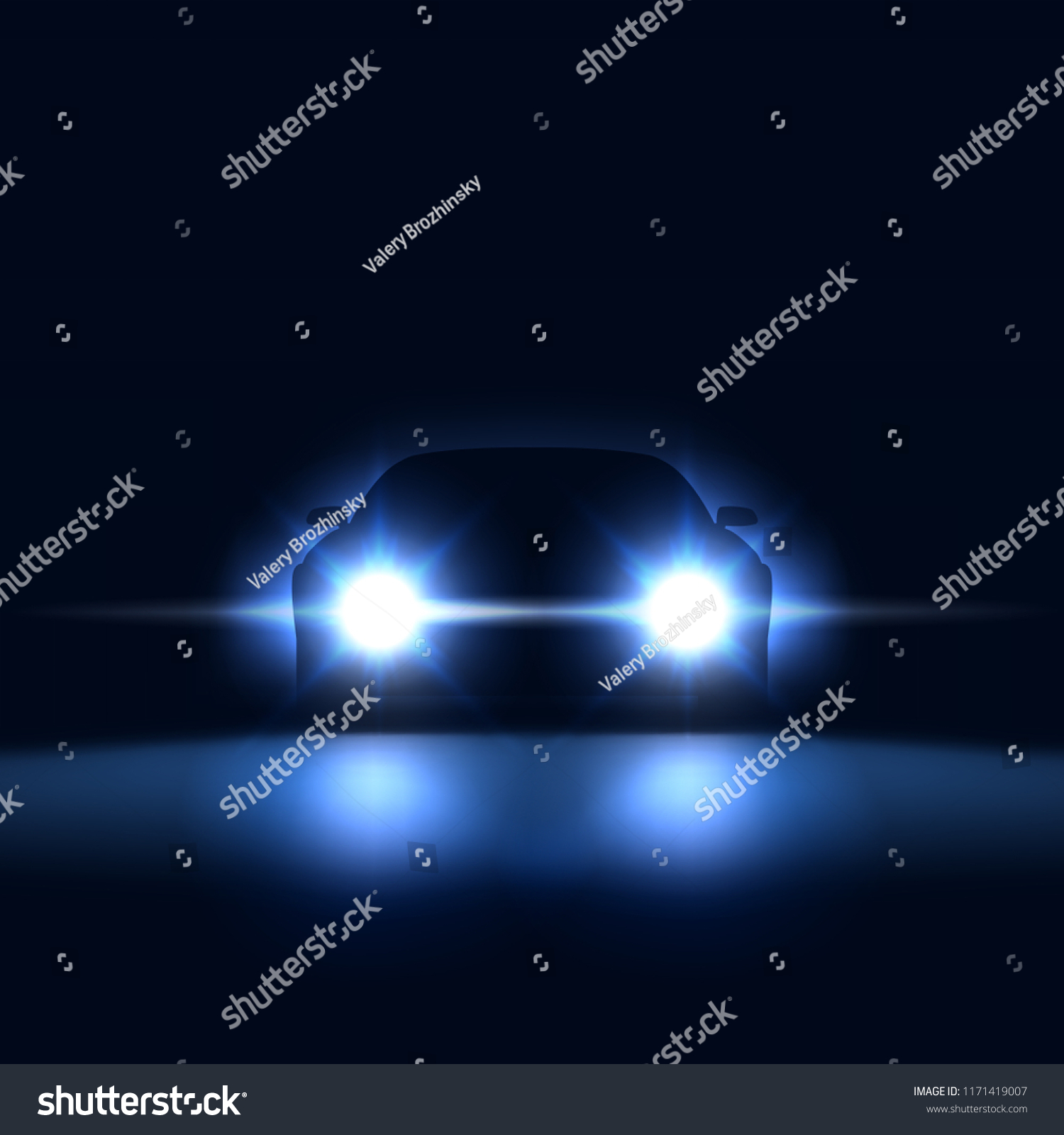 SVG of Night car with bright headlights approaching in the dark, silhouette of car with xenon headlights in the showroom, vector illustration svg