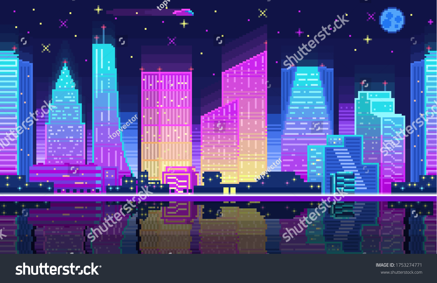 Night City Landscape Neon Pixel Background Stock Vector (Royalty Free ...