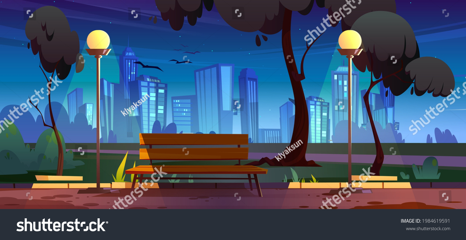 Night City Park Bench Summer Scenery Stock Vector (Royalty Free ...