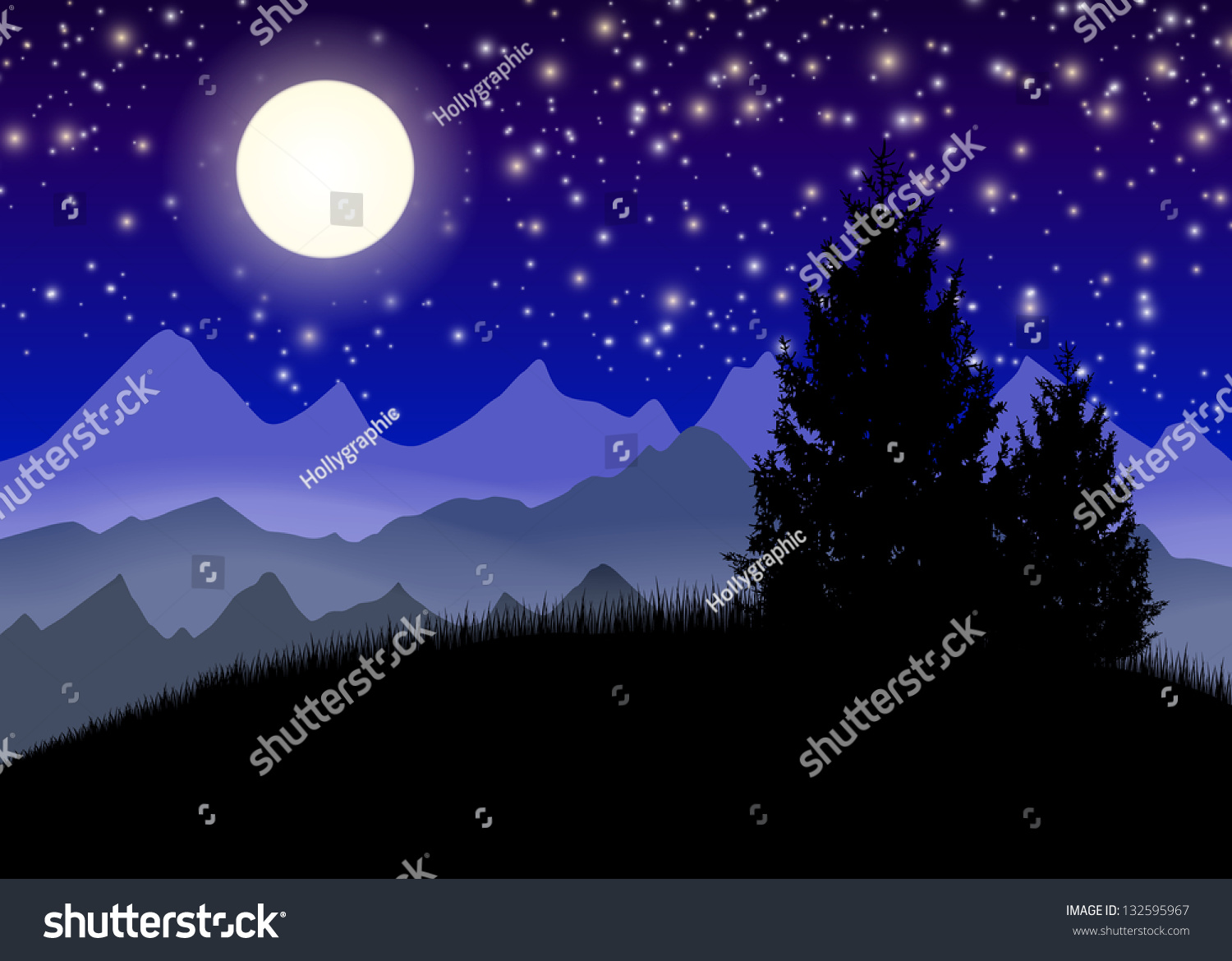 Night Mountains With Moon And Stars Stock Vector Illustration 132595967 ...