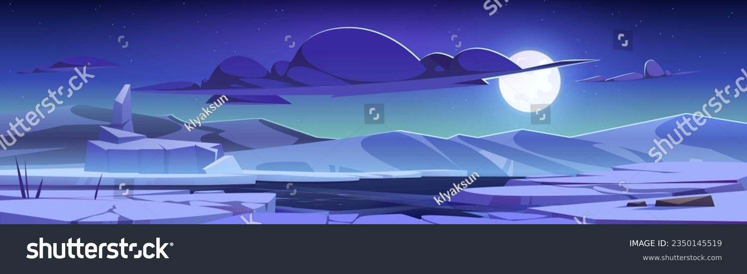 SVG of Night north pole vector landscape with full moon in sky. Cartoon dark arctic illustration with frozen water and cloud. Freeze lake and snowy hill outdoor antarctica environment for web banner svg