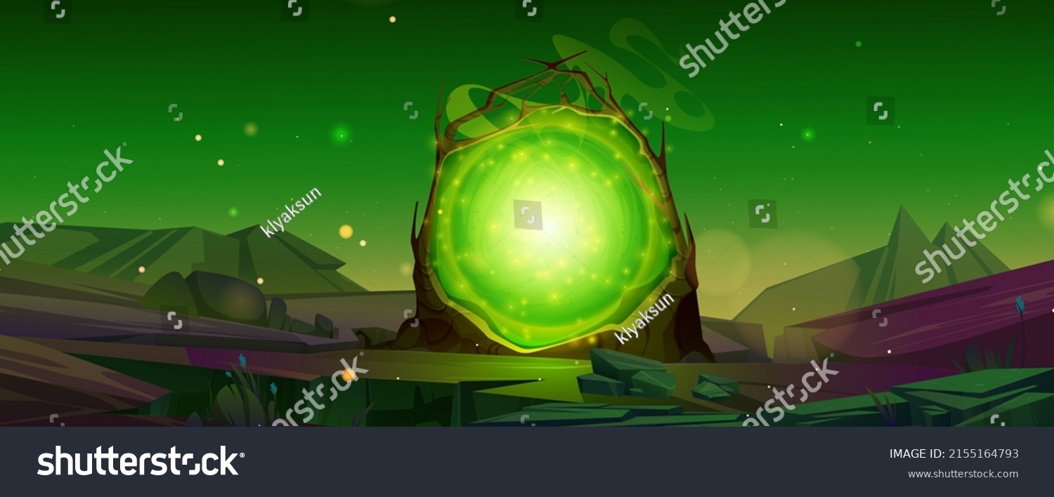 SVG of Night scene with magic portal, fantastic energy door to alien world. Vector game background with cartoon fantasy illustration of mountain landscape with mystic green glowing in wooden frame svg