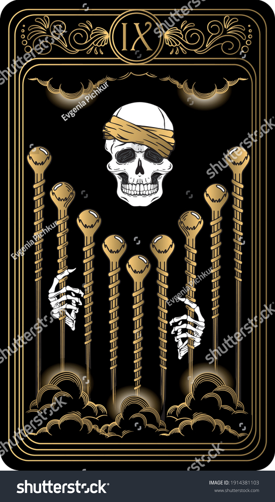 SVG of Nine of wands. Card of Minor arcana black and gold tarot cards. Tarot deck. Vector hand drawn illustration with scull, occult, mystical and esoteric symbols. svg