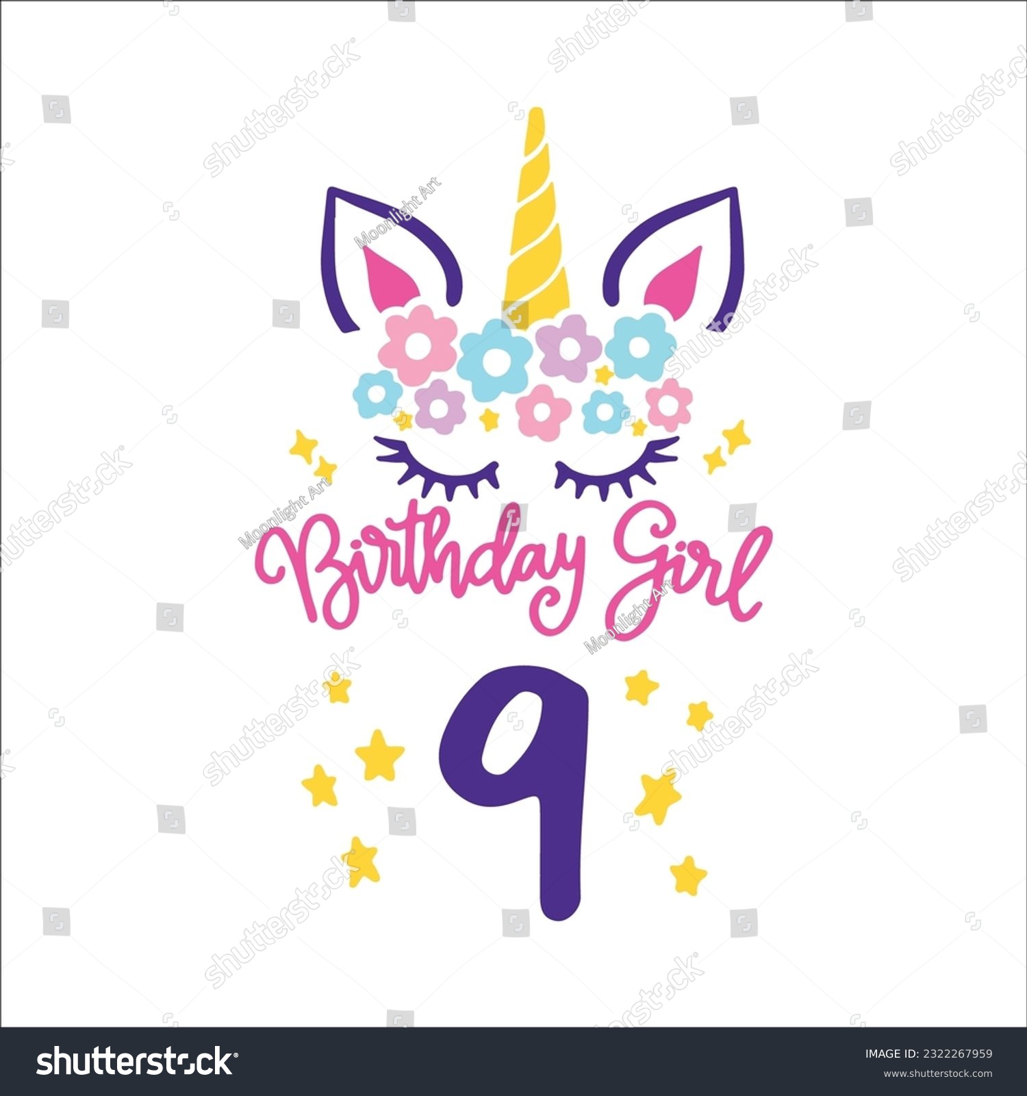 SVG of Ninth Unicorn Birthday Svg, 9th unicorn, Unicorn Face Svg, Unicorn, Birthday Girl svg, Birthday Shirt, Gift for Birthday svg,  Cut files Cricut svg