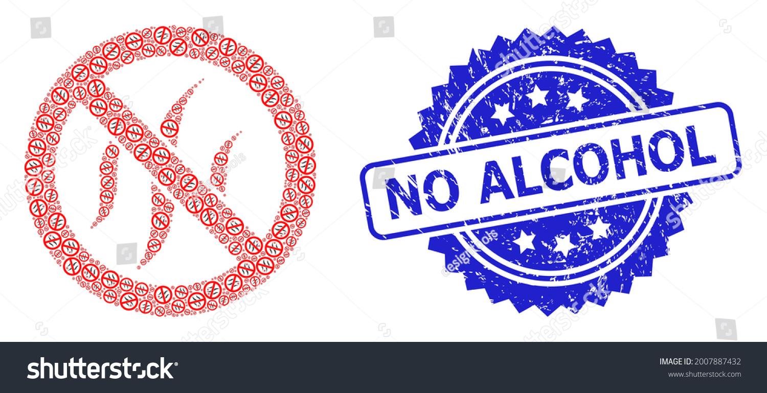 SVG of No Alcohol unclean stamp seal and vector fractal composition forbidden flavors. Blue seal contains No Alcohol title inside rosette. svg