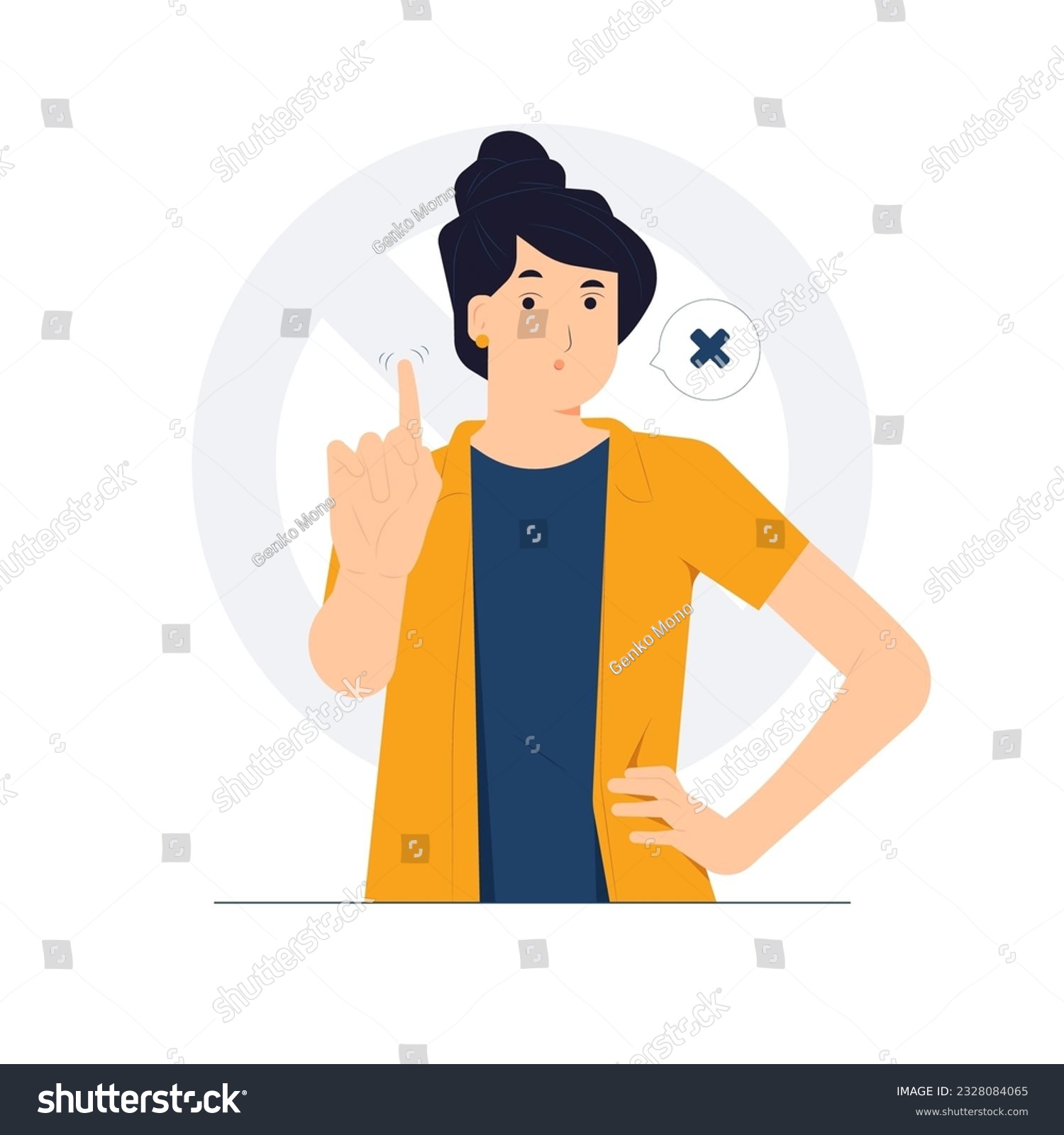 SVG of No and makes stop gesture, forbids disagreement, Body language No means no. Girl says no and showing stop with one finger, taboo sign, deny expression, and angry grumpy ban concept illustration svg