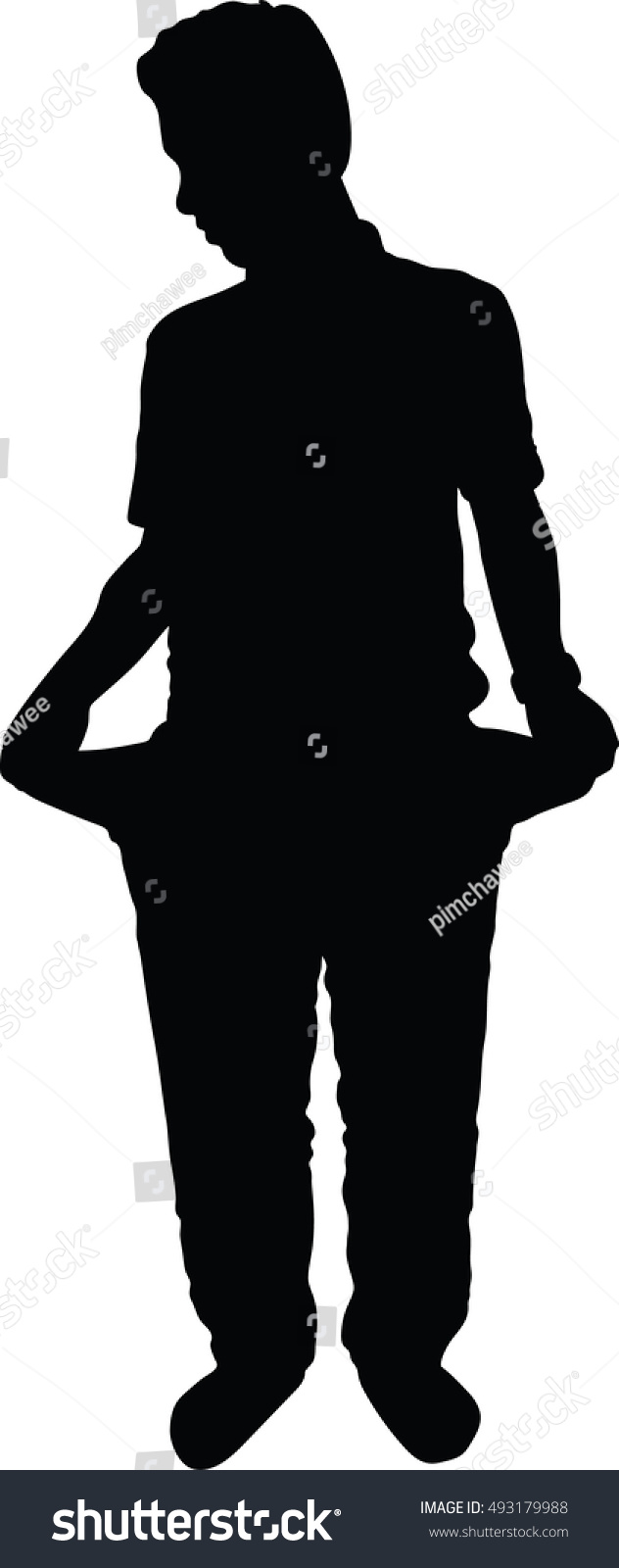 recommend clip art: No money concept.  Silhouette of sad young man showing empty pockets. Vector illustration flat design