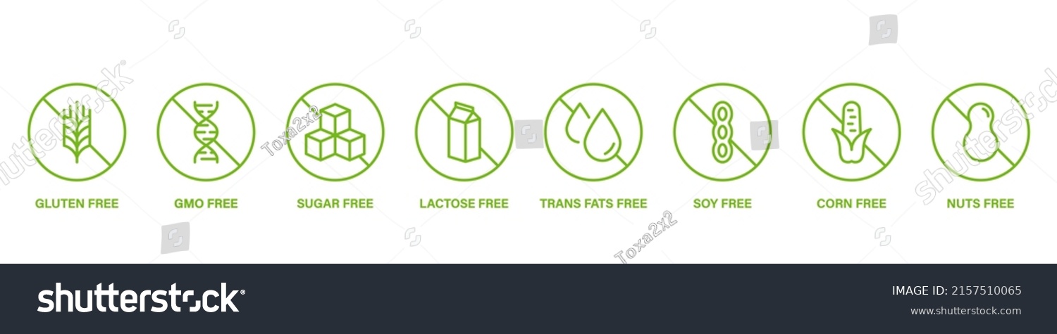 SVG of No Sugar, GMO, Gluten, Dairy, Trans Fat, Soy, Corn, Nuts Stop Green Sign Set. Vegan Food Logo. Free Allergen Ingredient Line Icon. Forbidden Allergy Product Symbol. Isolated Vector Illustration. svg