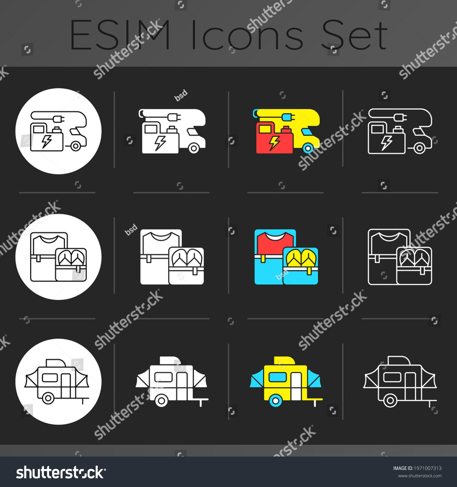 SVG of Nomadic lifestyle dark theme icons set. Power generation for trailer. Cubes for packing clothing. Pop up camper van. Linear white, solid glyph and RGB color styles. Isolated vector illustrations svg