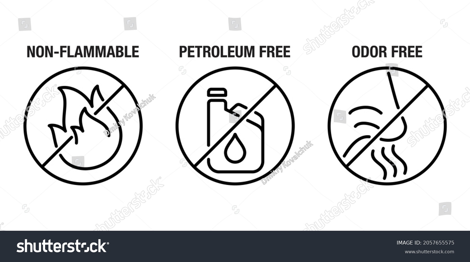 SVG of Non-flammable, Odor free, No Petroleum. Flat icons set for labeling of cleaning agent or other household chemicals svg