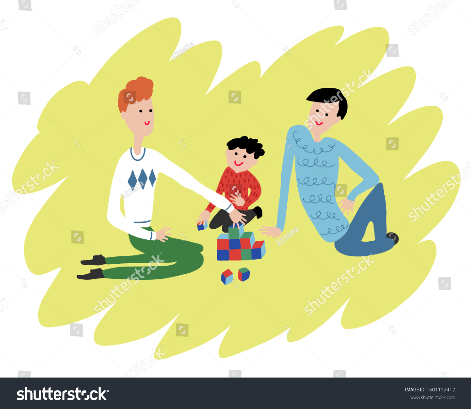 SVG of Non Traditional Male Homosexual Family Couple sit and look at their child with love and play dice. Gay Parents with Kid Vector Illustration. Husband and husband with his child svg
