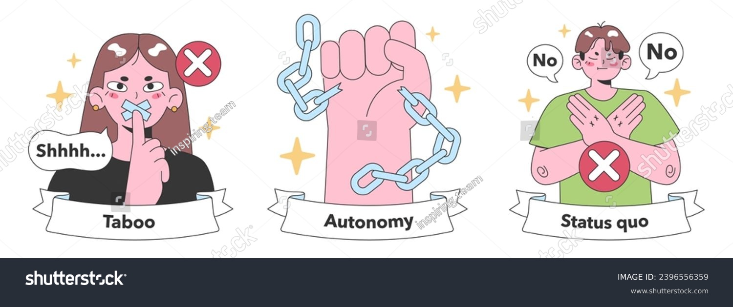 SVG of Nonconformism visuals depicting taboo defiance, yearning for autonomy, and rejection of the status quo. Embracing bold individual choices. Flat vector illustration. svg