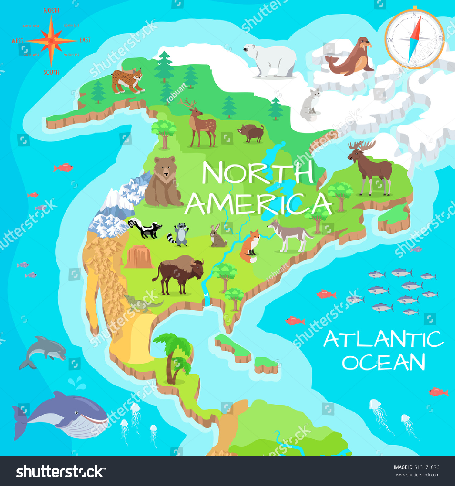 North America Isometric Map Flora Fauna Stock Vector ...