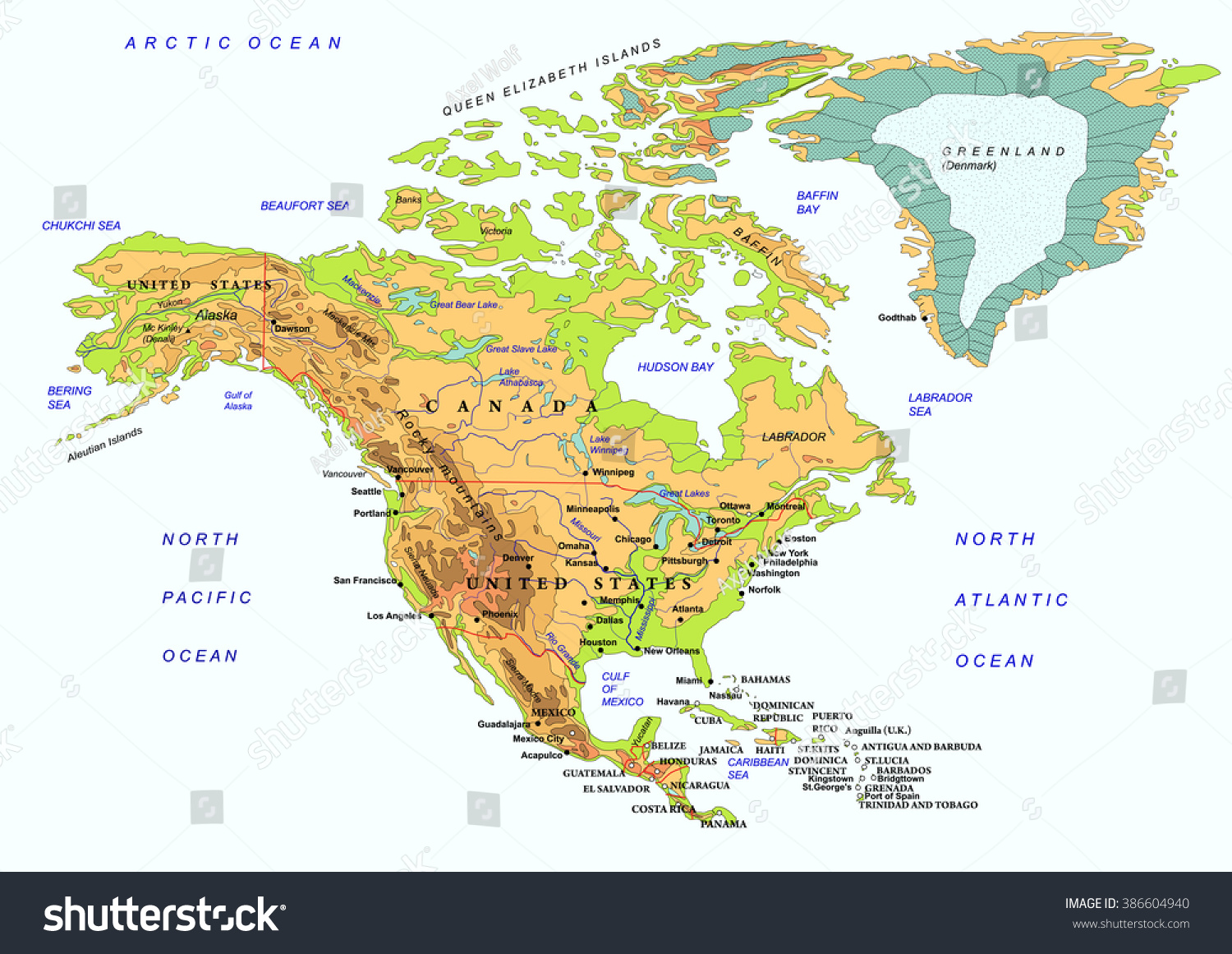 North America Physical Map Names Geographical Stock Vector