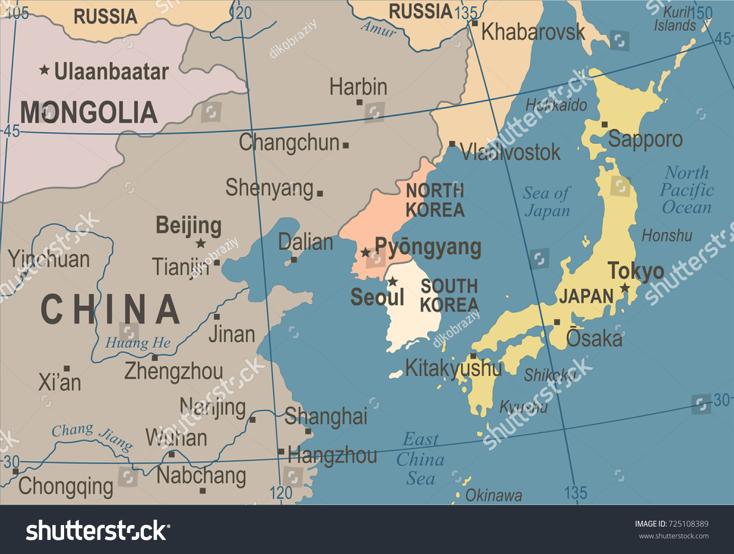 North Korea South Korea Japan China Stock Vector Royalty Free