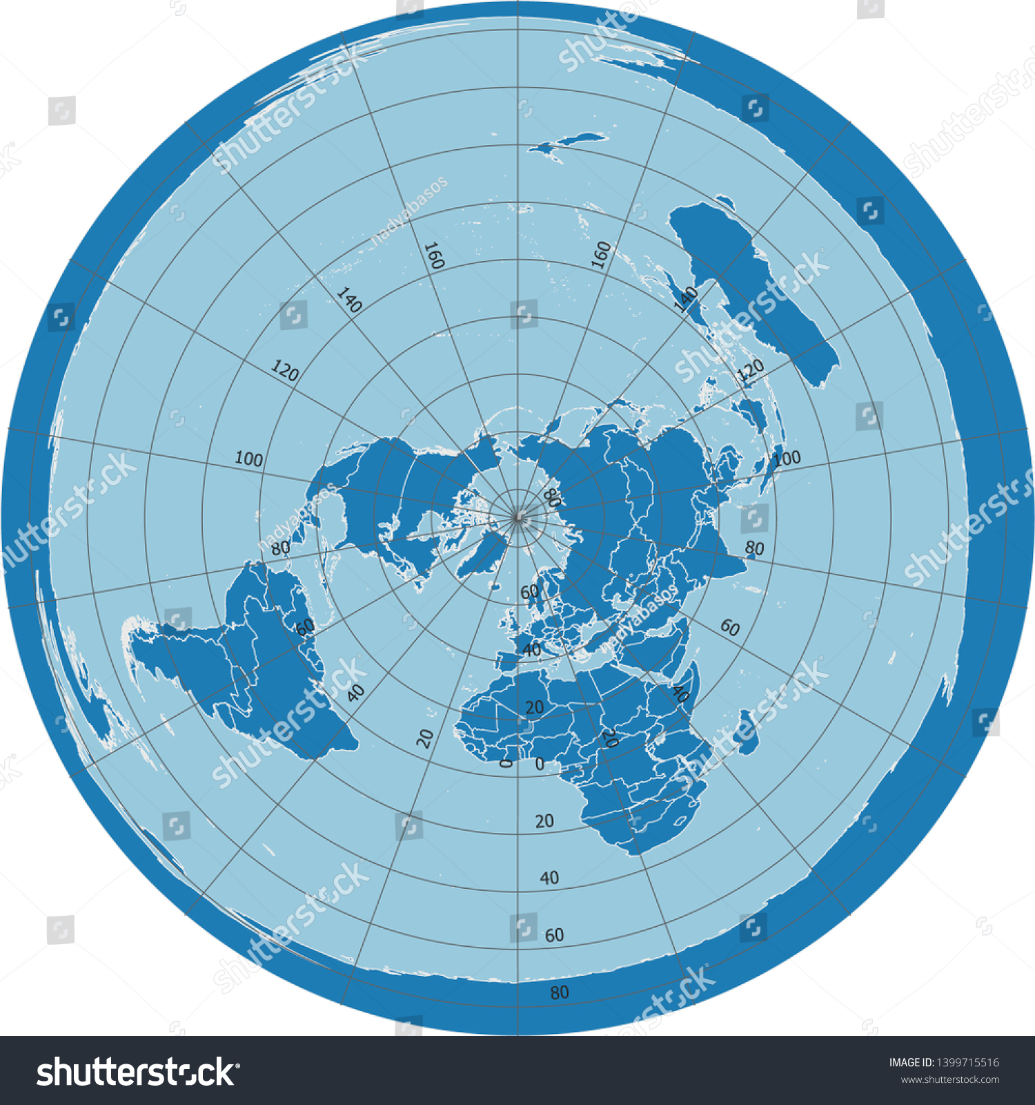 North Pole Centered World Map Azimuthal Stock Vector Royalty Free