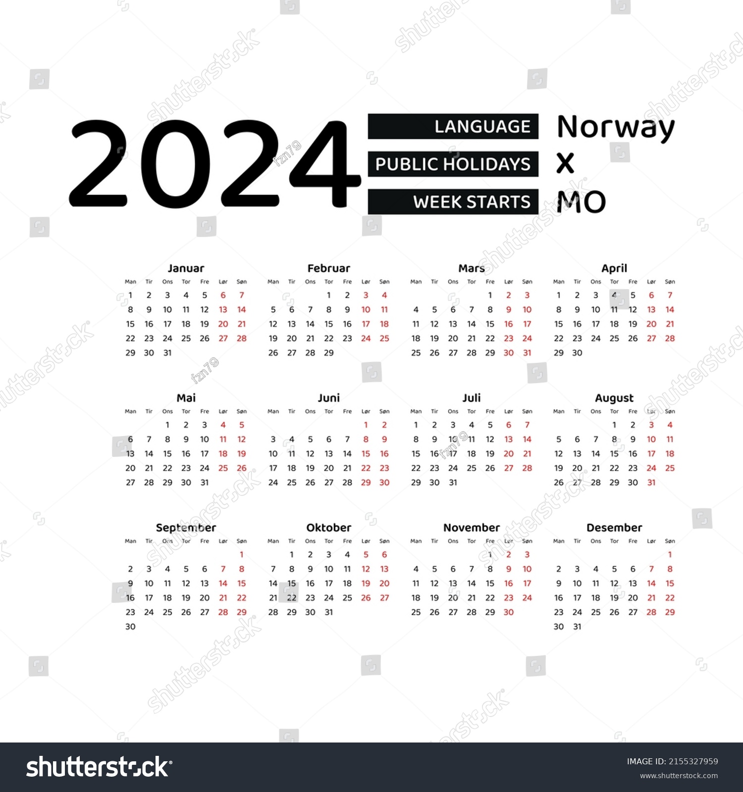 Norway Calendar 2024 Week Starts Monday Stock Vector (Royalty Free