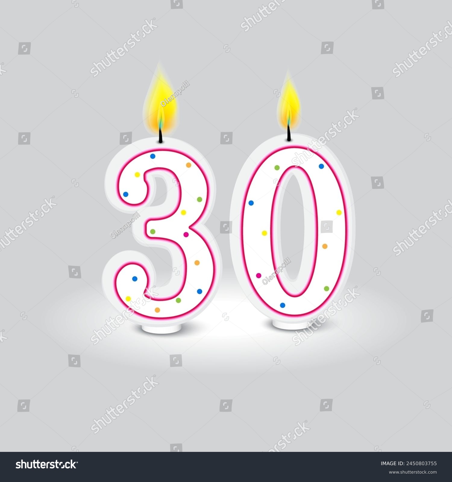 SVG of Number 30 birthday candles with colorful polka dots. Milestone celebration design. Vector illustration. EPS 10. svg
