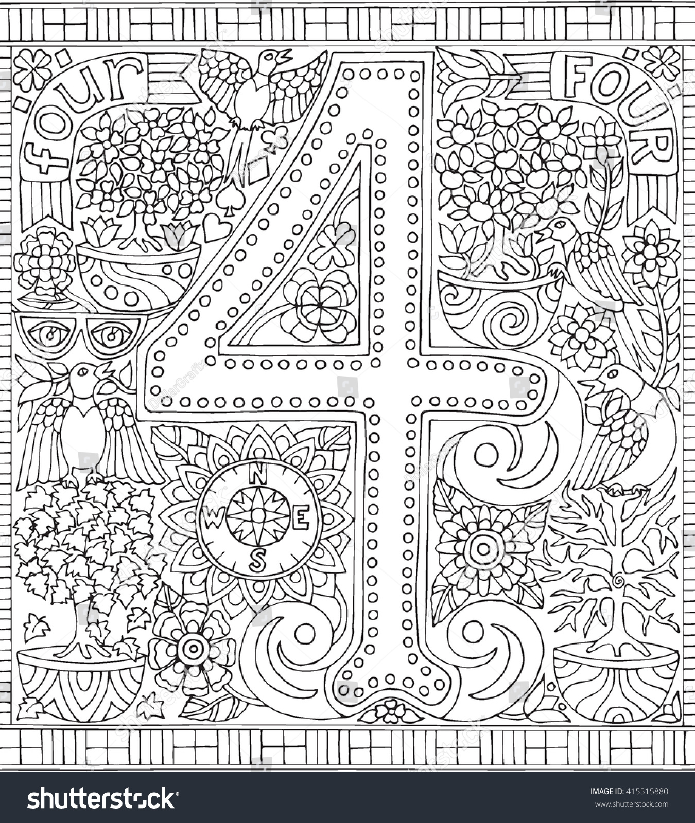 SVG of Number 4 Four Adult Coloring Book Fantasy Sheet for Relaxation Therapy svg